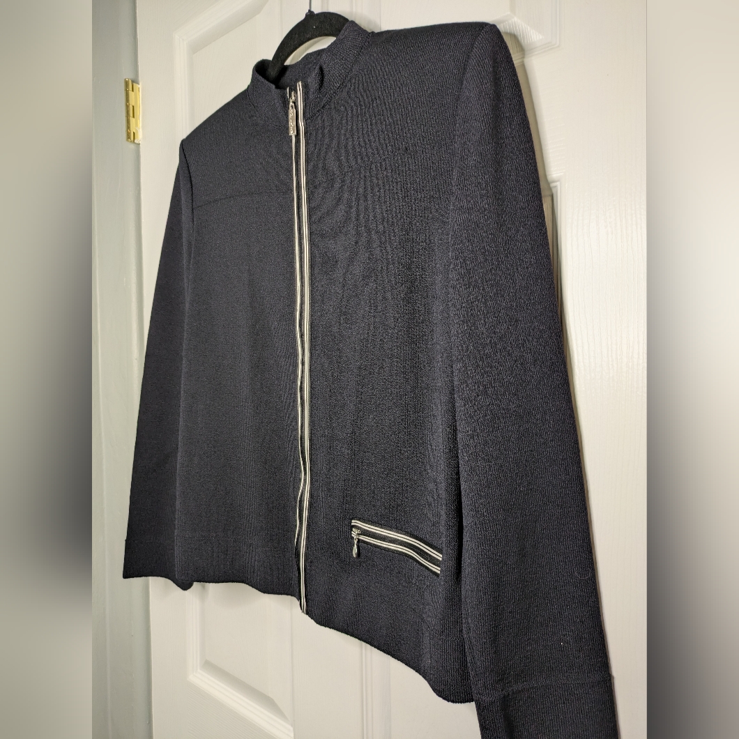 St John Sport Size S Black & White Wool Blend Zip Knit Zip Pocket Jacket